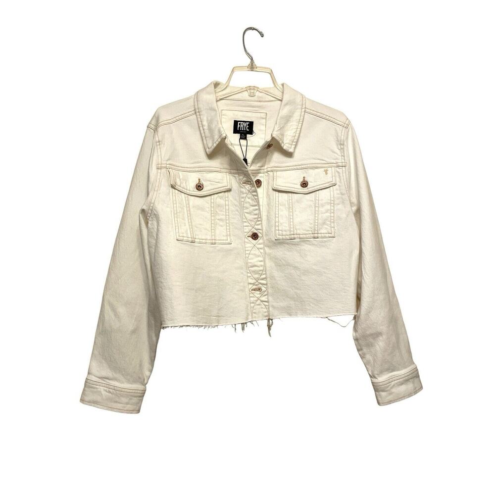 Frye Cropped Raw Hem Denim Jacket Women Size‎ XL White Button Down NWT